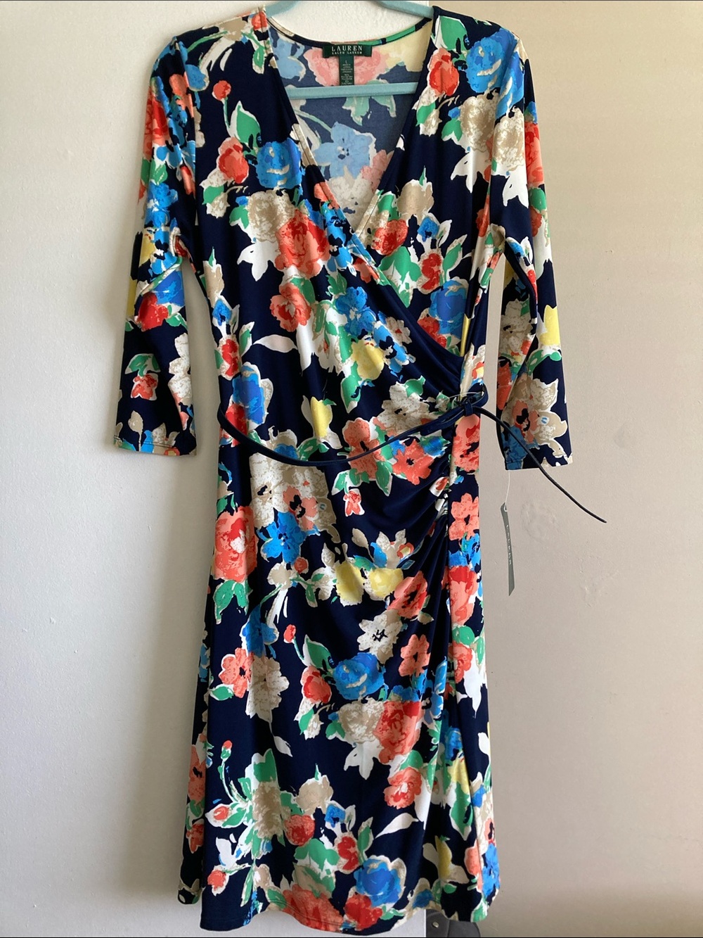 Lauren Ralph Lauren V Neck Dress L Floral Belted 3/4 Sleeve New